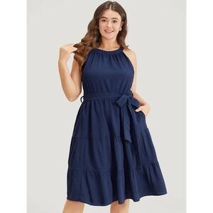 BloomChic‎ 22/24 Halter Dress Tiered Midi Dress Belt Pockets Sleeveless Blue